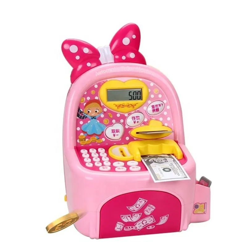 Lock เครื่องเอทีเอ็มของเล่น Money Square Stacks Electronic Kids จากพลาสติกที่แต่งงานกับกระปุกออมสินสีชมพู