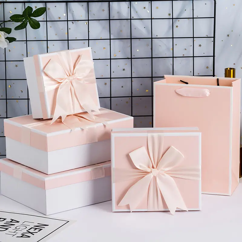 Bolsas y Cajas de Regalo exquisitas personalizables, embalaje rosa de cartón azul con cinta