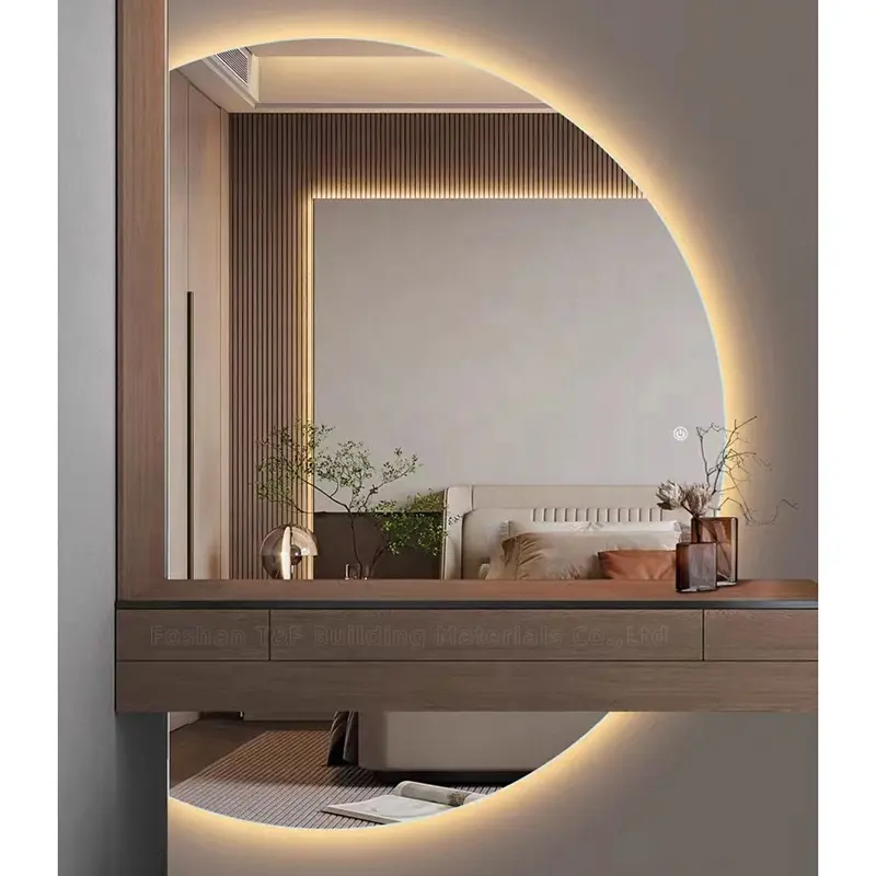Espejo de pared de media luna grande de lujo, luz LED sin marco para decoración de sala de estar, semicírculo, medio redondo