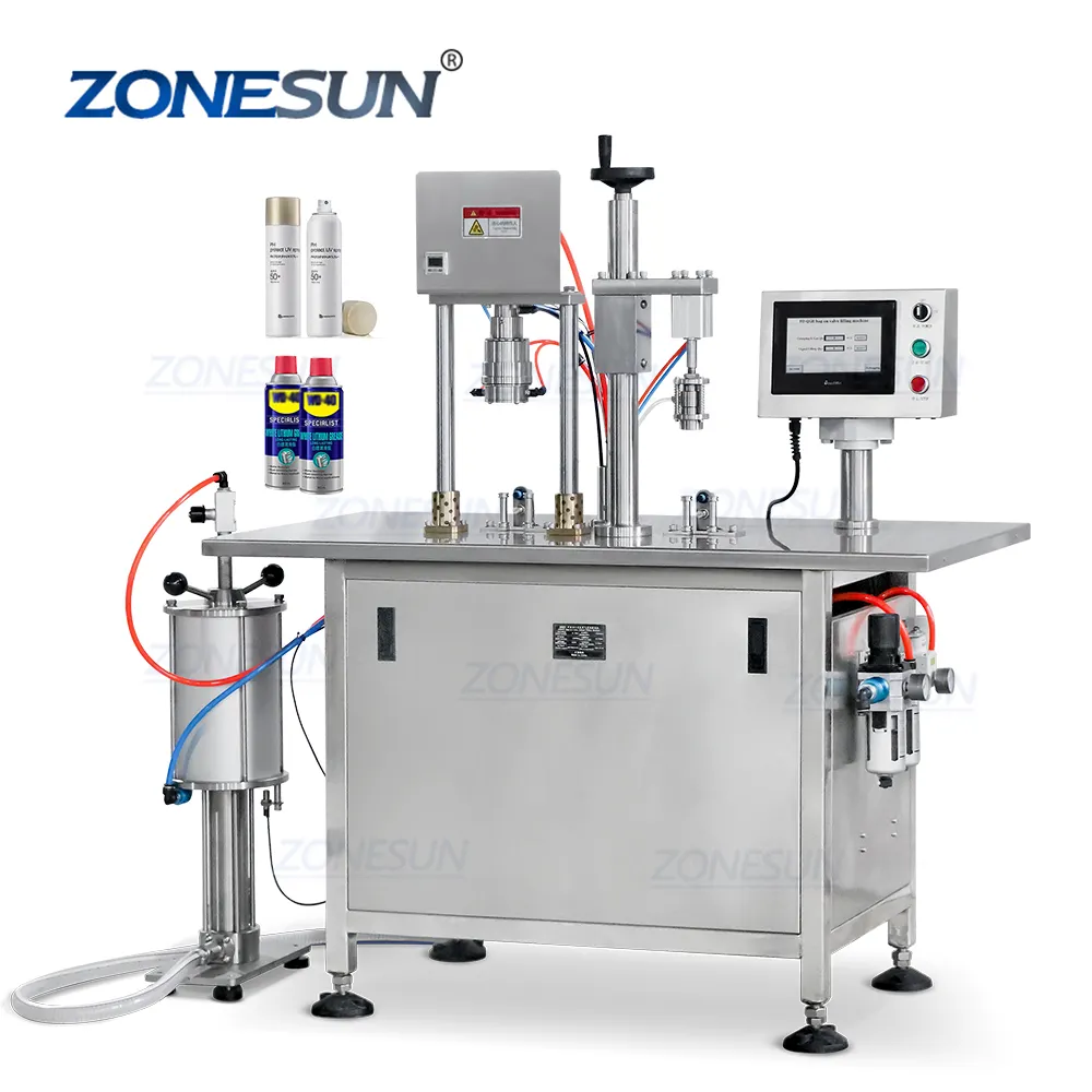 ZONESUN ZS-QW2Yバルブエアゾール缶充填およびキャッピングマシンの半自動3In1空気圧ガスバッグ