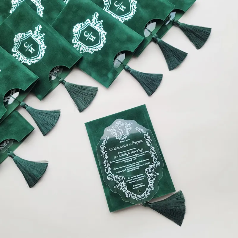 Tarjetas de invitación acrílicas con forma de arco para boda, Impresión de tinta blanca, invitaciones con bolsillo de terciopelo verde oscuro y sobre