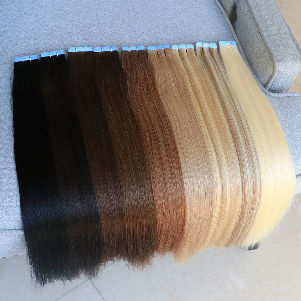 Bant insan saçı postiş cilt atkı sarışın siyah doğal saç makinesi Remy düz saç görünmez yapıştırıcılar 12 "-24"