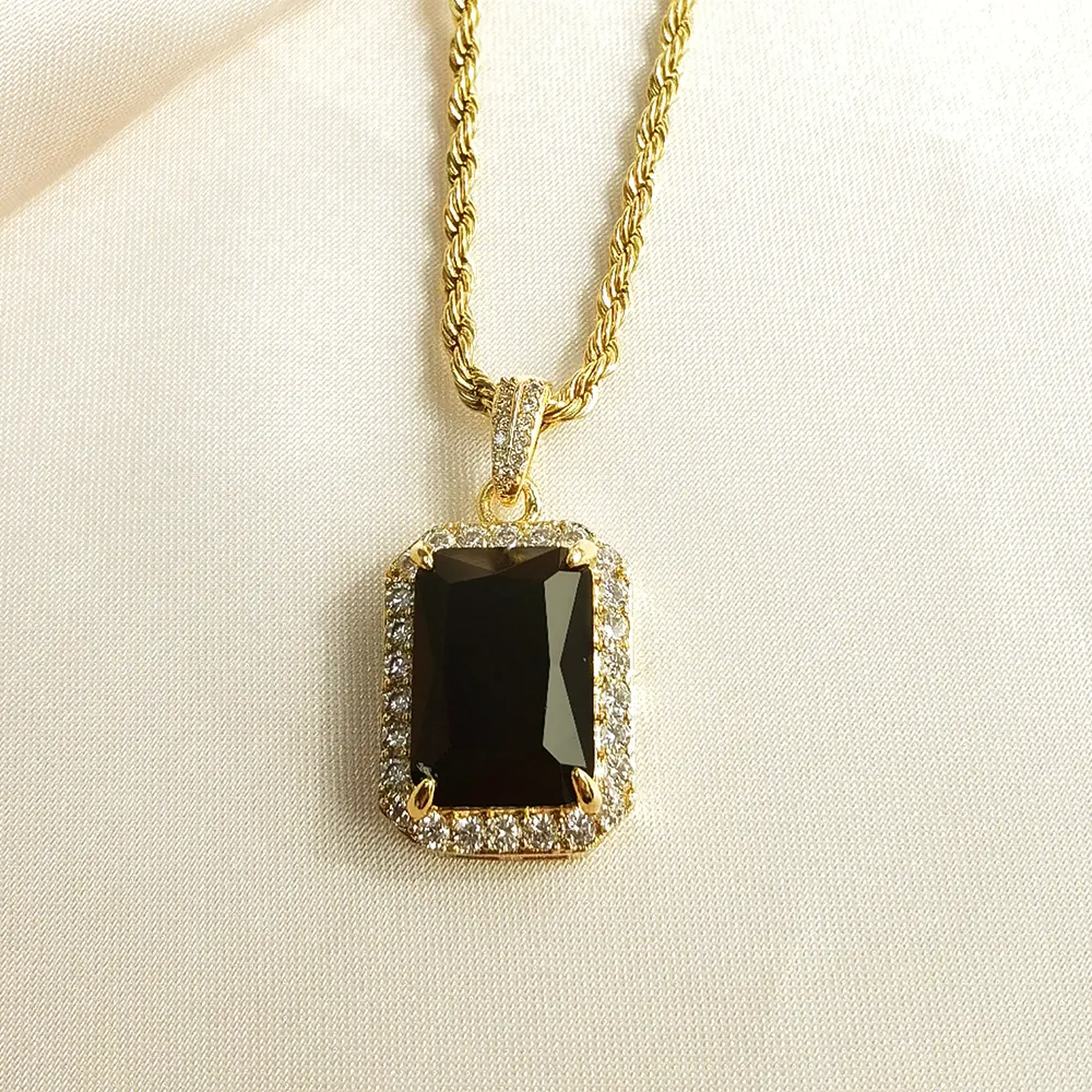 Runmeiviapro-collier en plaqué or 18K, pour femme, bijou à la mode, pendentif en pierre précieuse noir, chaîne dorée, pendentif en acier inoxydable, cadeau