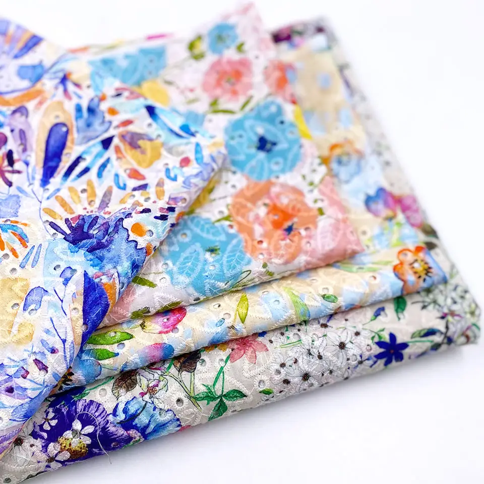 Tela bordada de gasa de algodón con estampado floral para vestido, tela bordada de popelina tejida con estampado floral