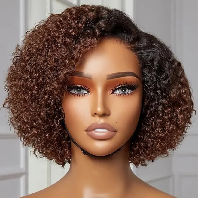 HAVEN HAIR 8 Inch Brown Curly Wig Human Hair Pre Cut Lace Wig Undetectable Real HD Lace Ombre Curly Wig Short Curly Bob