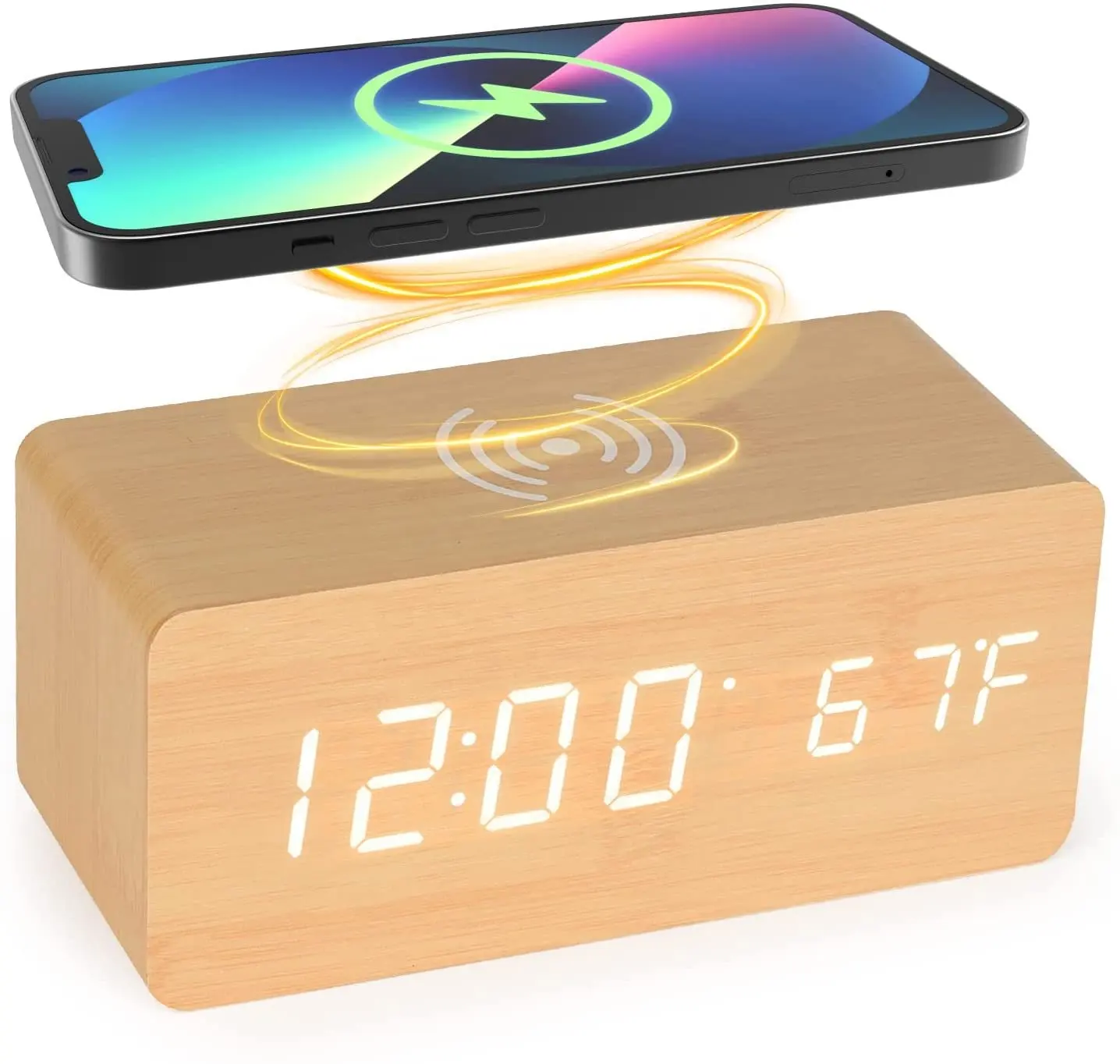 Деревянный цифровой светодиодный Будильник с беспроводным зарядным устройством для телефона, настольные часы, рекламный подарок, логотип, пользовательский новый дизайн, настольные часы