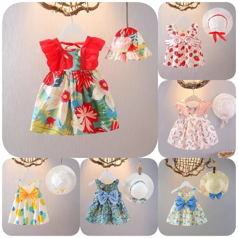 Summer Floral Print Baby Girls Daily Wear Casual Bow Applique With Hat Infant Baby Dresses