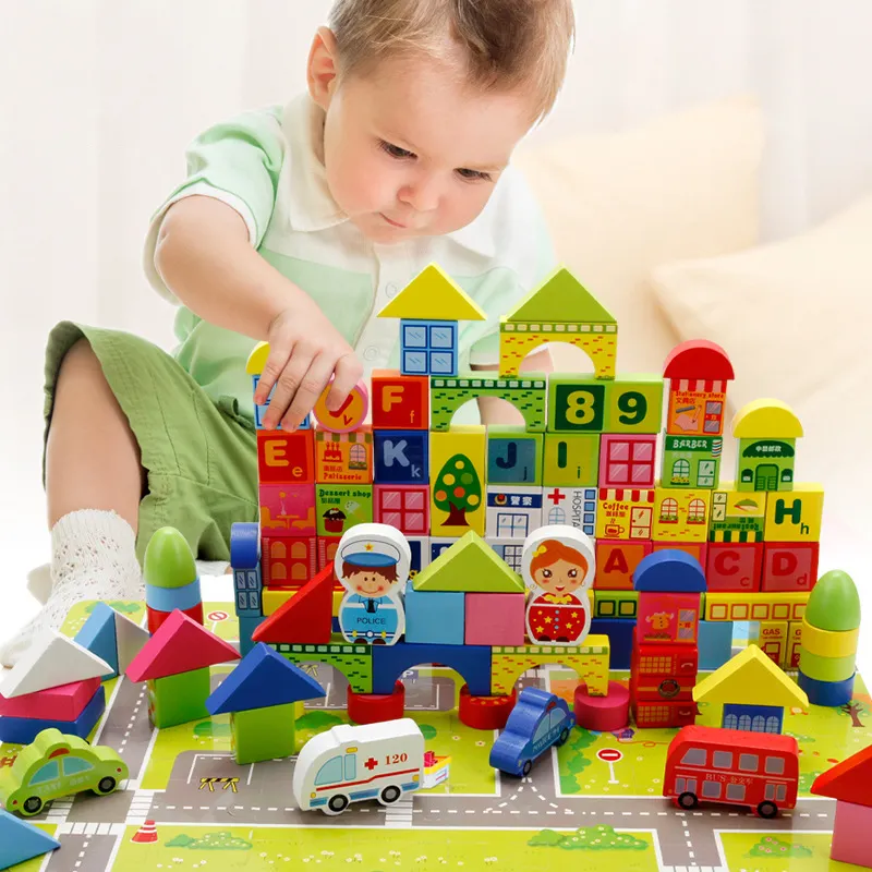 Bloques de construcción de madera para niños, juguete de bloques de construcción educativo para edades tempranas, 160 piezas