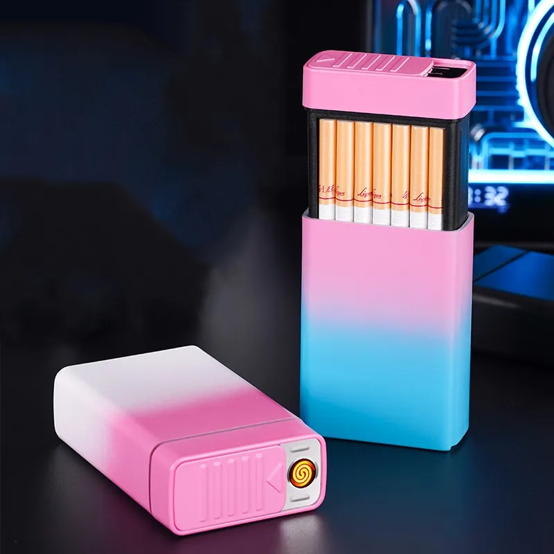 KY Creative Magic Toy Cigarette Case 20 PCs Usb Carga a prueba de viento Metal Cigarette Case con encendedor
