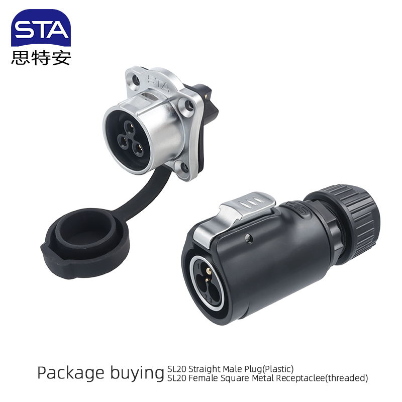 Enchufe macho recto + Conector hembra con brida cuadrada