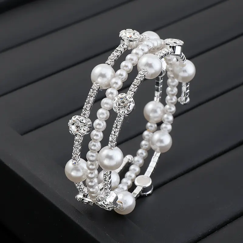 Moda Cristal Diamante Link Chain Bangles Multi Layered Imitação Pérola casamento Jóias Pulseira para as mulheres