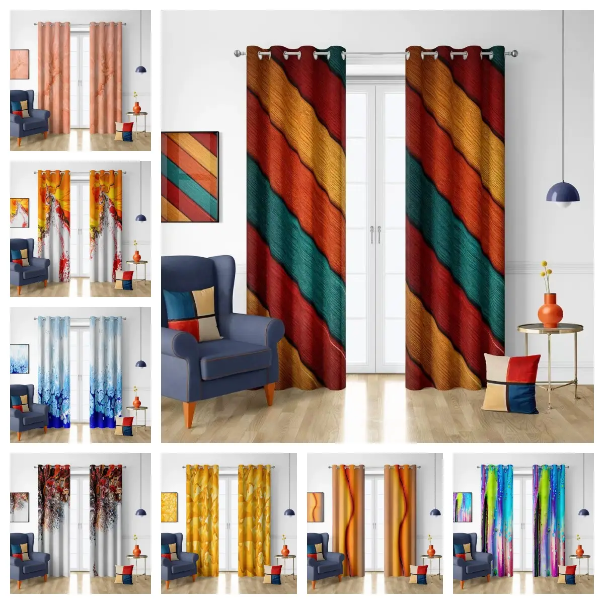 Manufacturer Direct sales Elegant 3D Polyester Printing Geometric Stripe Curtains Accept Customized Curtains Size Flat Window