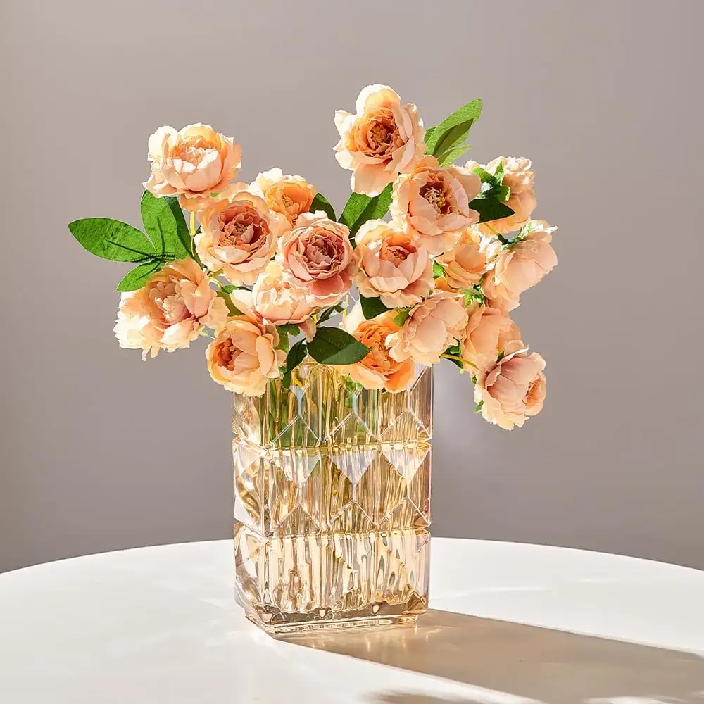 Vase en verre pour fleurs, centres de table en cristal clair, fleur rectangulaire avec reliefs, table de salon décorative robuste pour la maison