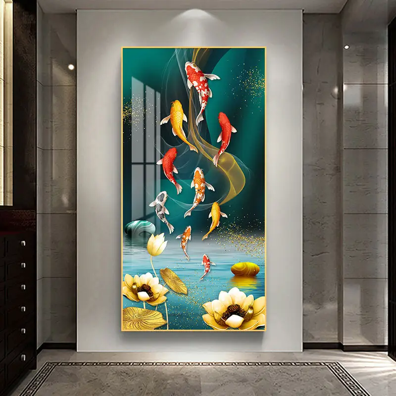 Decoración de entrada de lujo porcelana de cristal vertical con diamantes 5d koi Fish cuadro sobre lienzo para pared