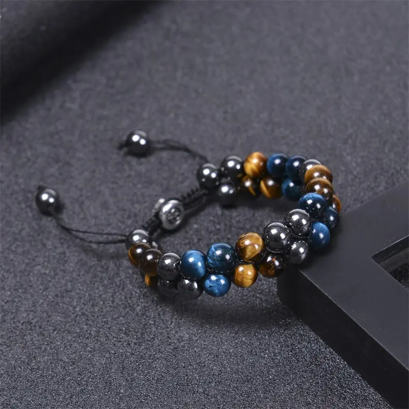 8Mm Màu Xanh Tiger Eye Đá Yoga Bead Vòng Đeo Tay Cho Nam Giới Hai Lớp Dệt Nam Châm Màu Đen Đá Tự Nhiên Thời Trang Đồ Trang Sức Bangle