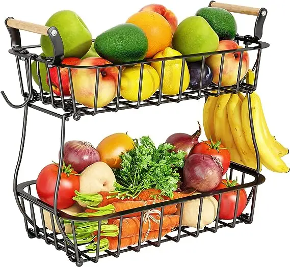 Nuevo cuenco de cesta de frutas de 2 niveles con 2 perchas de plátano para encimera de cocina, cesta de almacenamiento de frutas y verduras de Metal