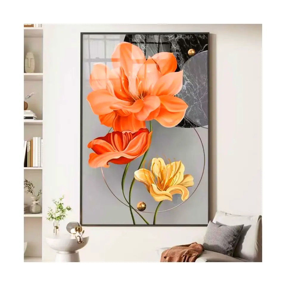 Venta caliente mejor moderno abstracto naranja rojo amarillo flor cristal porcelana impresión cuadro sobre lienzo para pared para sala de estar