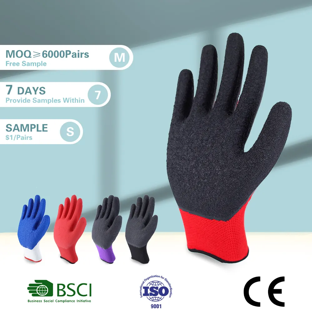 Grosir Pabrik 13G sarung tangan kerja lateks hitam poliester merah selesai konstruksi sarung tangan kerja lapis lateks keselamatan industri untuk bekerja
