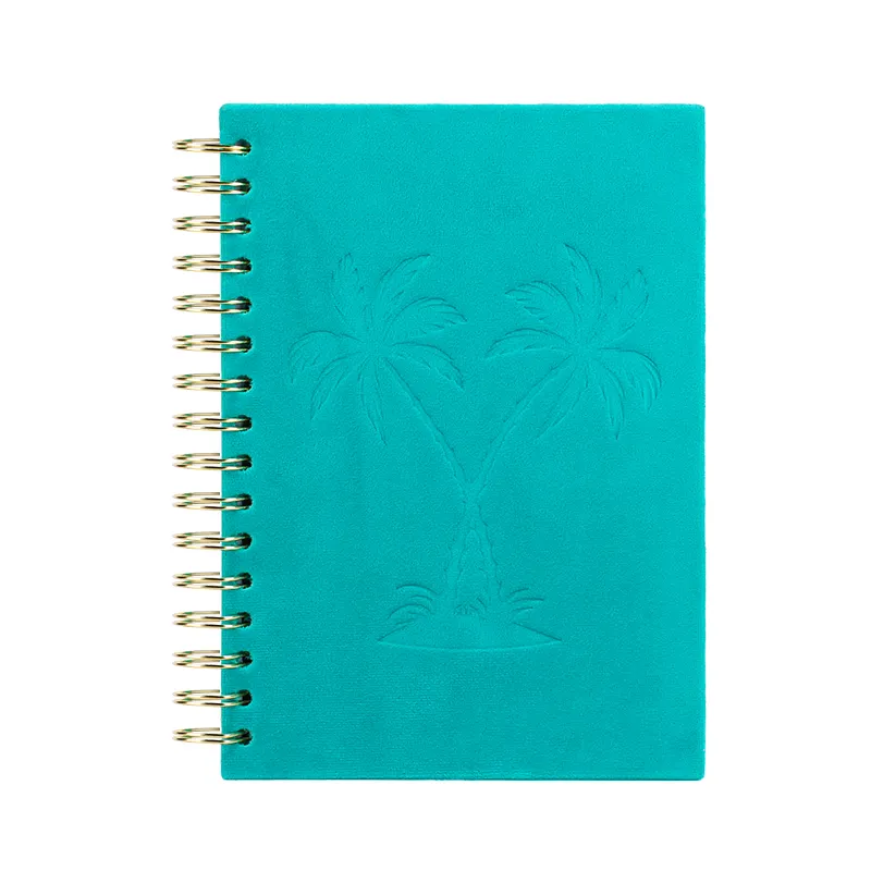 Caderno personalizado, tampa dura espiral veludo reutilizável escola notebook com gravura de árvore de côco