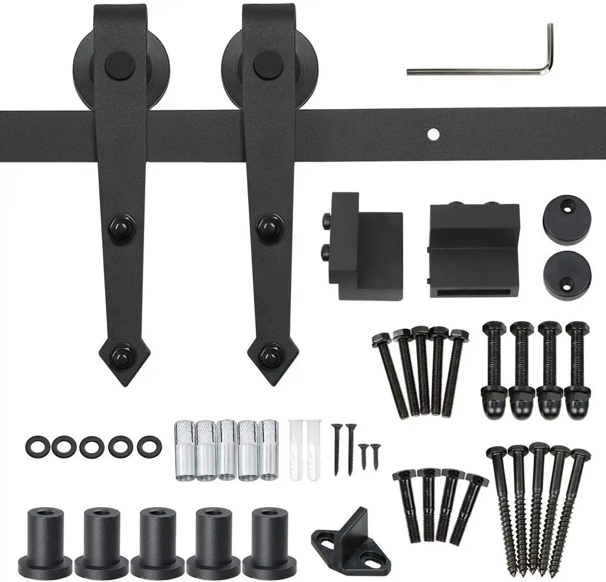 Kits de rodillos negros antiguos para sistema de Hardware de puerta corredera de Granero, proveedor de accesorios de ventana de calidad con forma de flecha para uso doméstico DIY