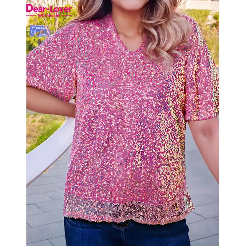 Dear-Lover Venta al por mayor Moda Nuevo Cuello en V Manga ancha Blusas de mujer Tops elegantes Camisas de lentejuelas