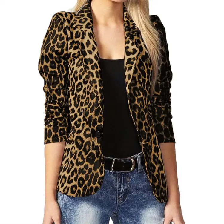 Moda bella giacca ufficiale adatta cappotto leopardato per donna giacca con risvolto stampato a manica lunga da donna