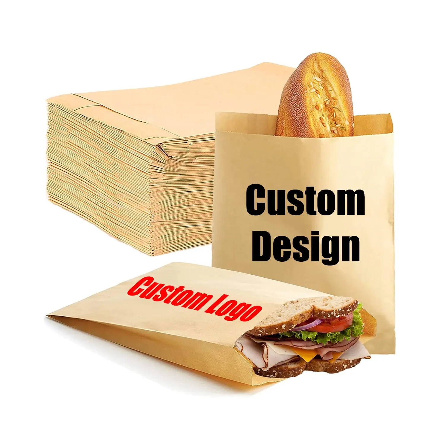 En çok satan baskılı Logo gres yağ geçirmez burger ekmek Hamburger Donuts kızarmış gıda Kraft kağıt torbalar Sandwitch ambalaj çantası