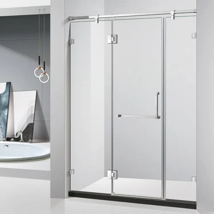 Porte en verre de douche à charnière plate à 180 degrés, trois panneaux de verre sans cadre, porte carrée en verre de salle de bain