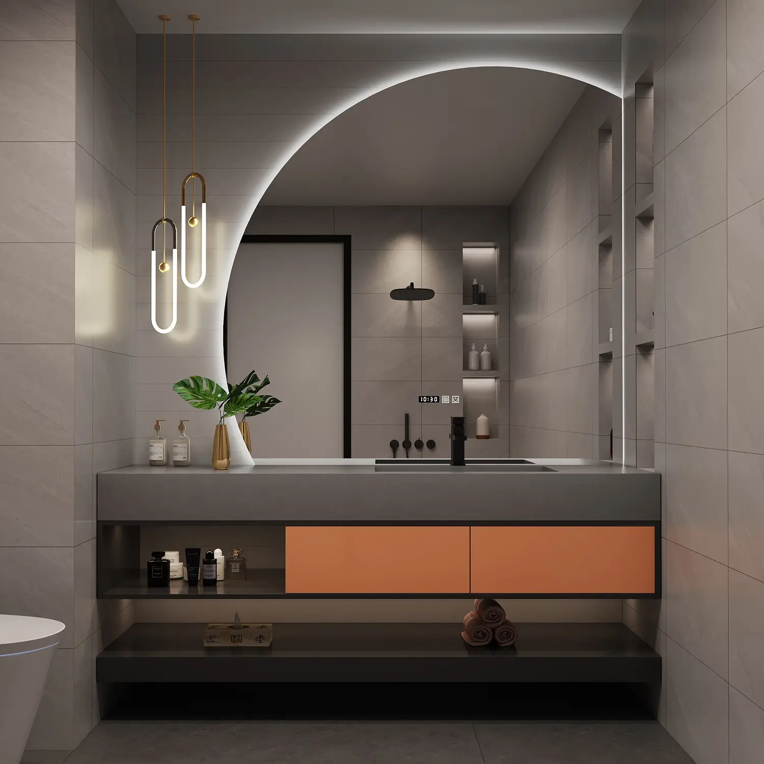 Madeira preta escura parede montada pia banheiro design redondo espelho impermeável armário Vanit