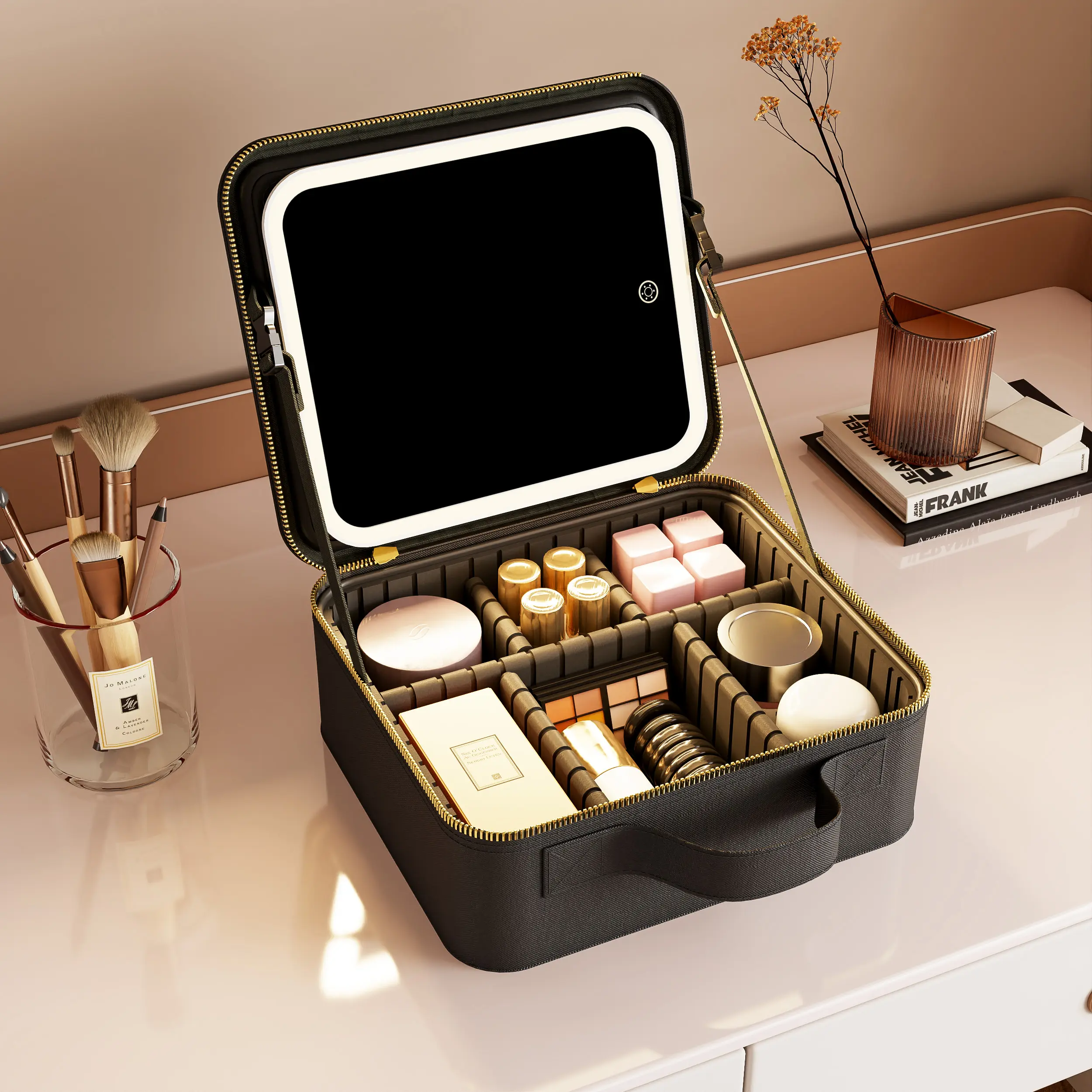 Kotak penyimpanan Organizer rias wajah portabel perjalanan tas Makeup Led dapat dilepas dengan cermin menyala