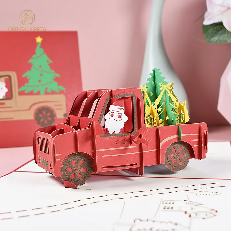 2023 3D Санта с рождественской елкой в красном грузовике, выдвижная Рождественская поздравительная открытка