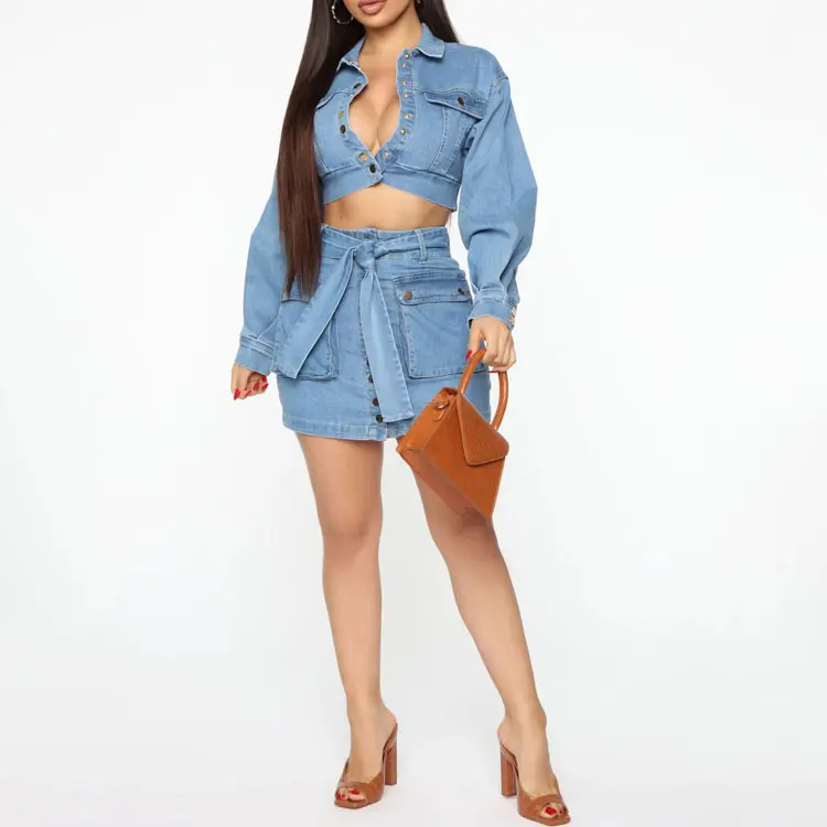 Été Femmes 2 Pièces Jupe Ensemble Denim Veste Courte Et Bouton Devant Mini Jupe