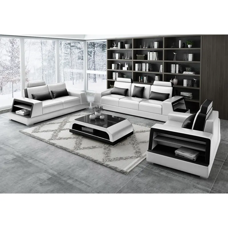 O sofá de couro preto minimalista do projeto o mais atrasado para o sofá branco moderno morden ajusta as poltronas ajustam o conjunto de couro da mobília da sala