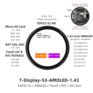 T-Display-S3 ESP32-S3 1.43 pollici scheda di sviluppo AMOLED WiFi Blue tooth modulo Wireless Flash 16MB PSRAM 8MB per Arduino