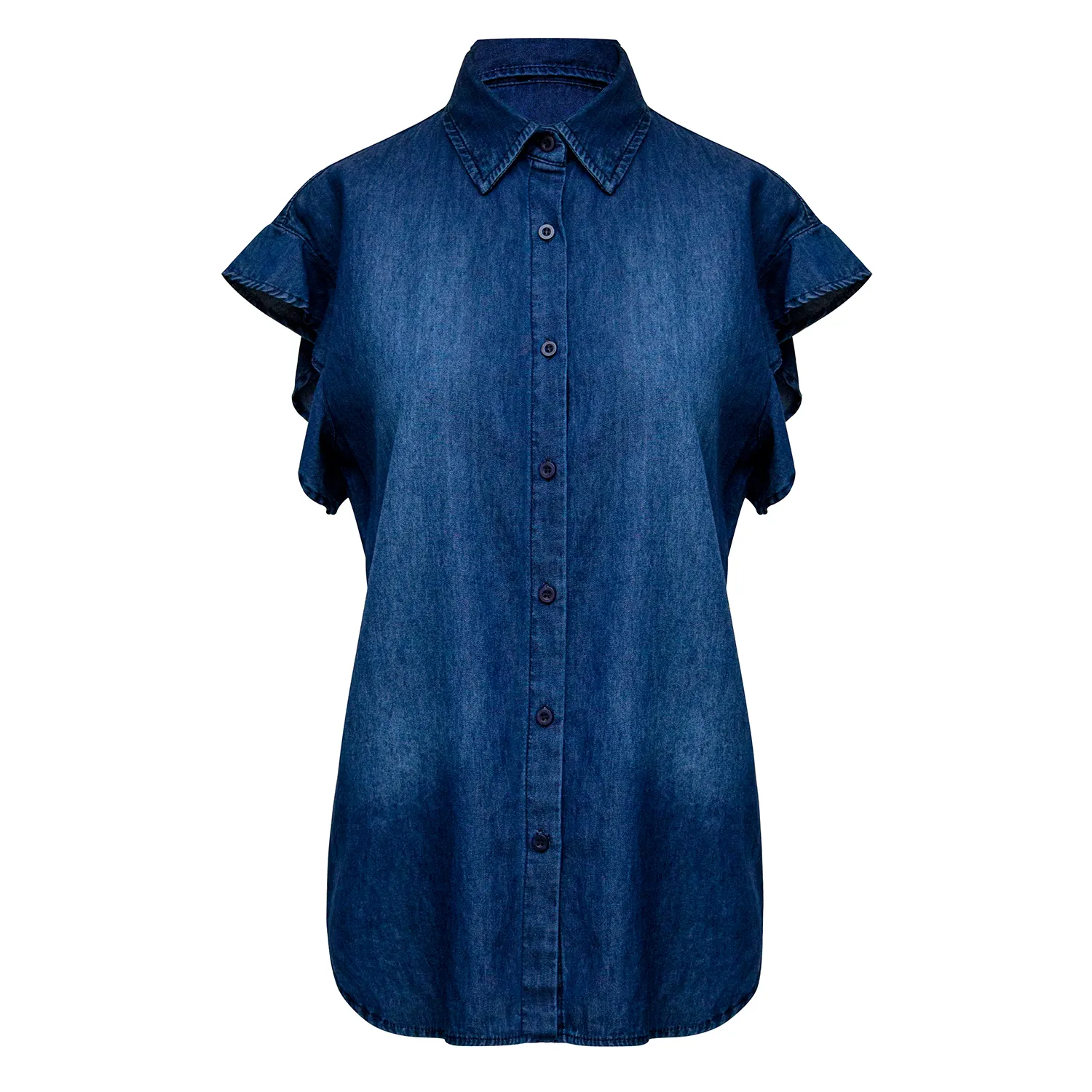 Chemise en jean surdimensionné personnalisée 100% en coton, hauts de chemise pour dames élégantes, boutonnées à manches courtes et à volants, Maxi Jean de travail pour femmes