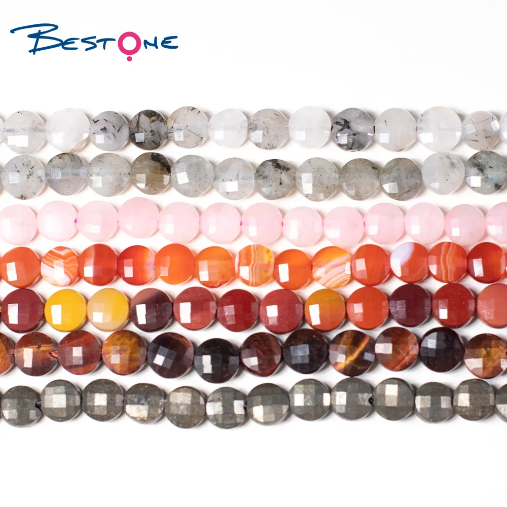 Bestone toptan 6mm düz yuvarlak sikke Faceted taş boncuk doğal kuvars akik Howlite gevşek Faceted takı boncuk