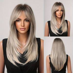 Factory Cheap 24 Inch Long Straight Layered Hair Wigs Synthetic Hair Replacement Wigs With <strong>Bangs</strong> for Daily Use for Women - Product Image 3