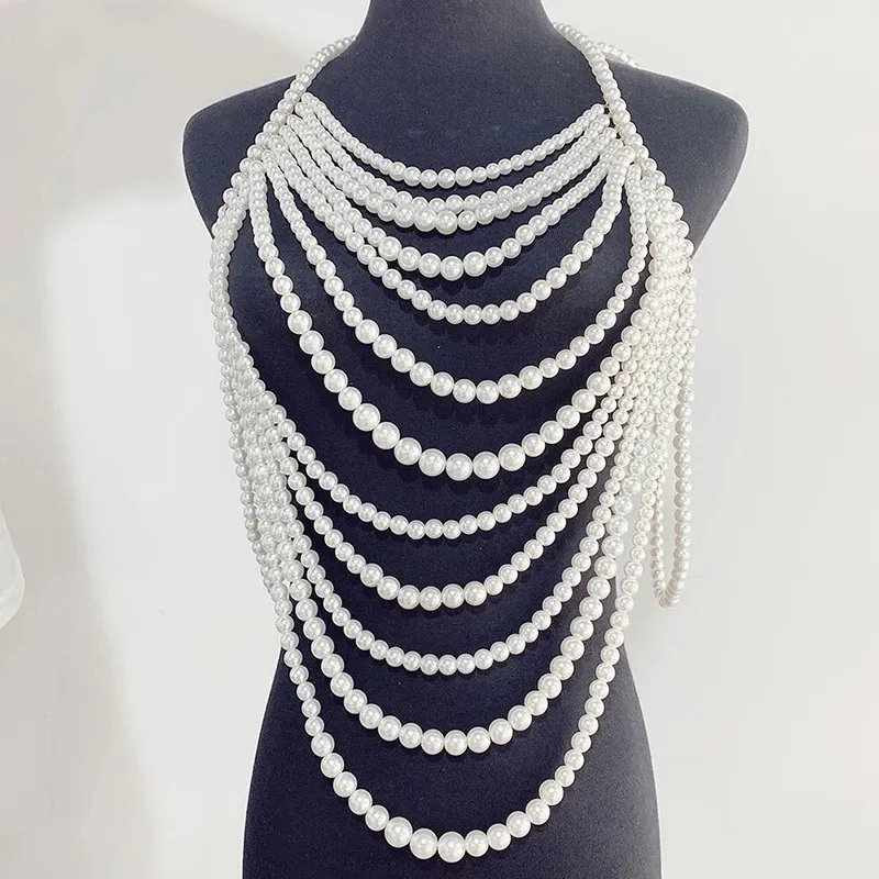Bijoux perles multicouches grande taille pour femmes, collier body, chaîne de pull, perle à épaule, faite à la main, qualité supérieure