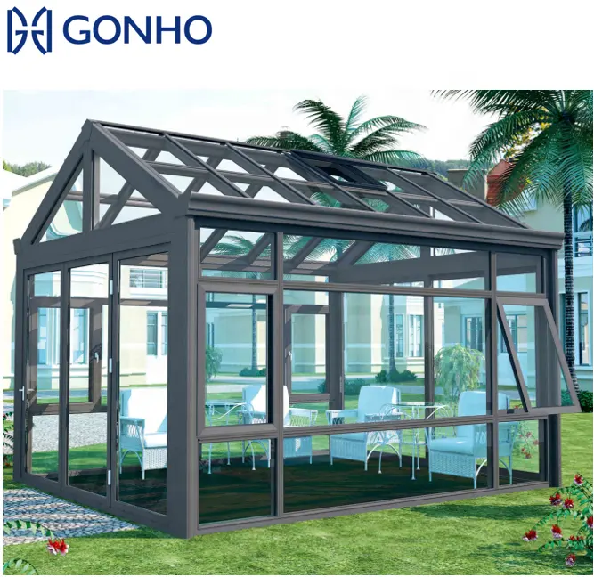 Invernadero de vidrio doble, diseño de China, venta al por mayor, sala de Sol de aluminio, terraza, jardín, casas de cristal, techo de vidrio