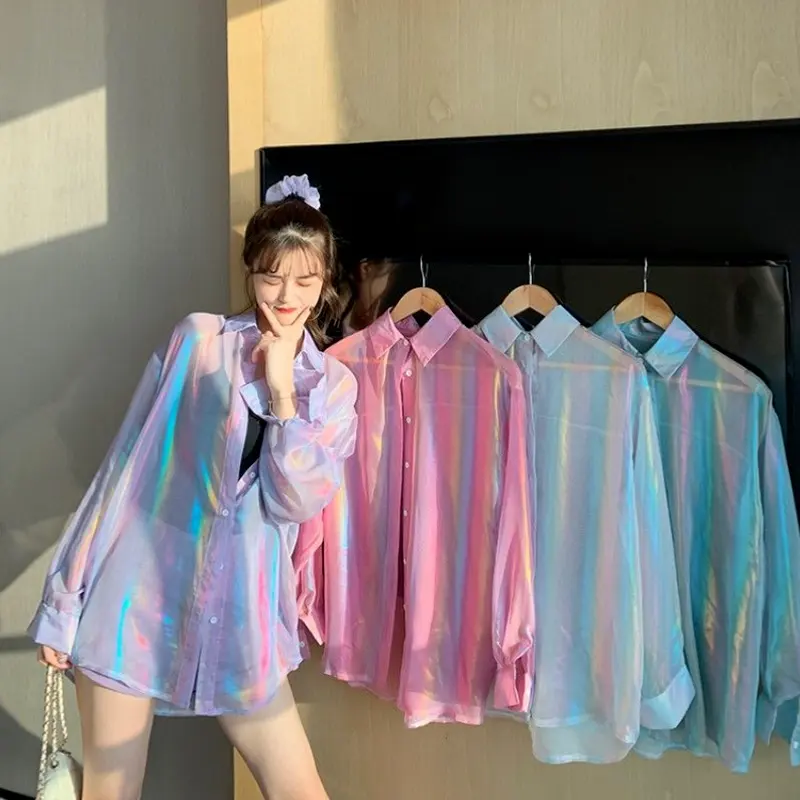 Camisa transparente para mulheres, bonita blusa senhoras estilo coreano 2022 verão ulzzang à prova de sol