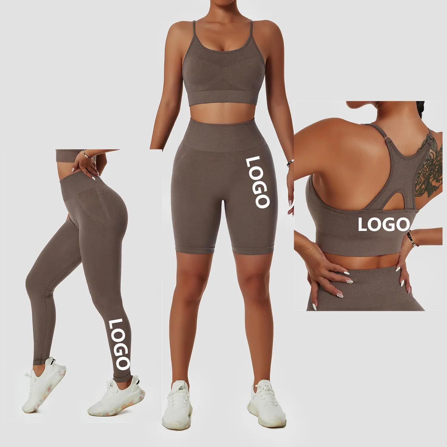 Conjunto de Yoga de 3 uds para mujer, Sujetador deportivo ajustable sin costuras, pantalones cortos y mallas de compresión, ropa deportiva de algodón orgánico