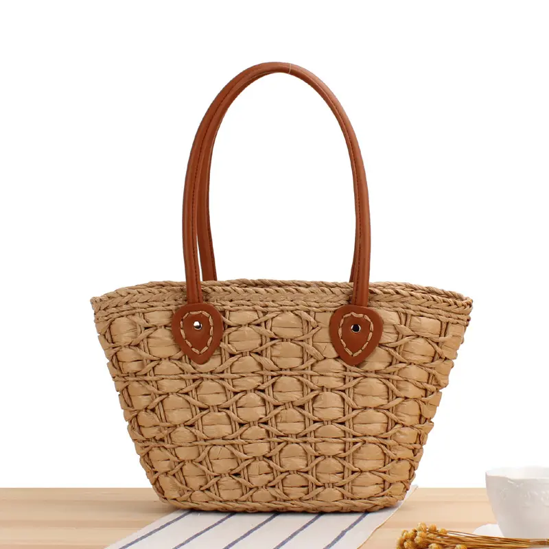 Bolsa feminina de palha ombro, bolsa de ombro tecido a mão, casual, para praia