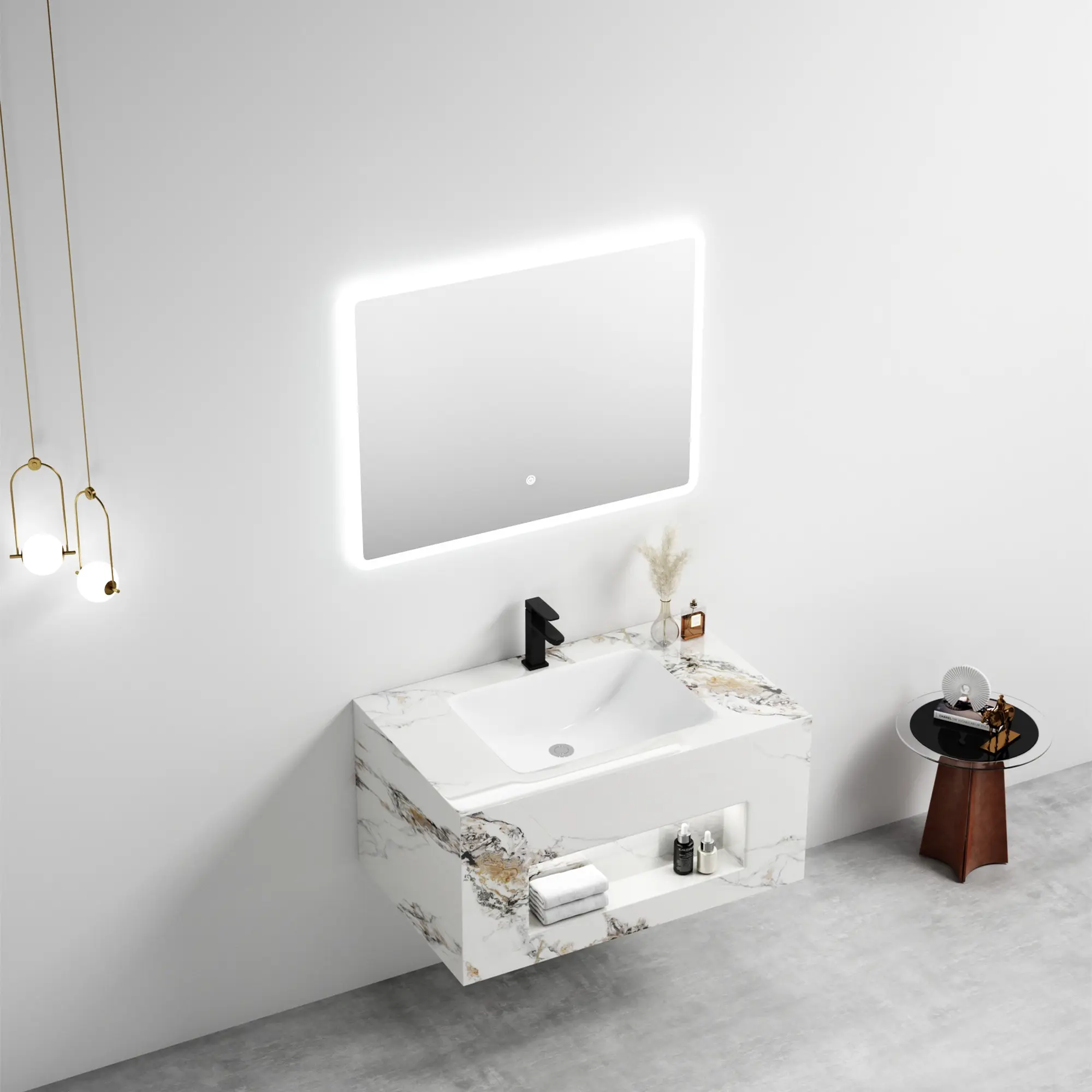 Armário de banheiro em mármore estilo Euro, conjunto de banheiro em pedra sinterizada com bancada e pia de cerâmica