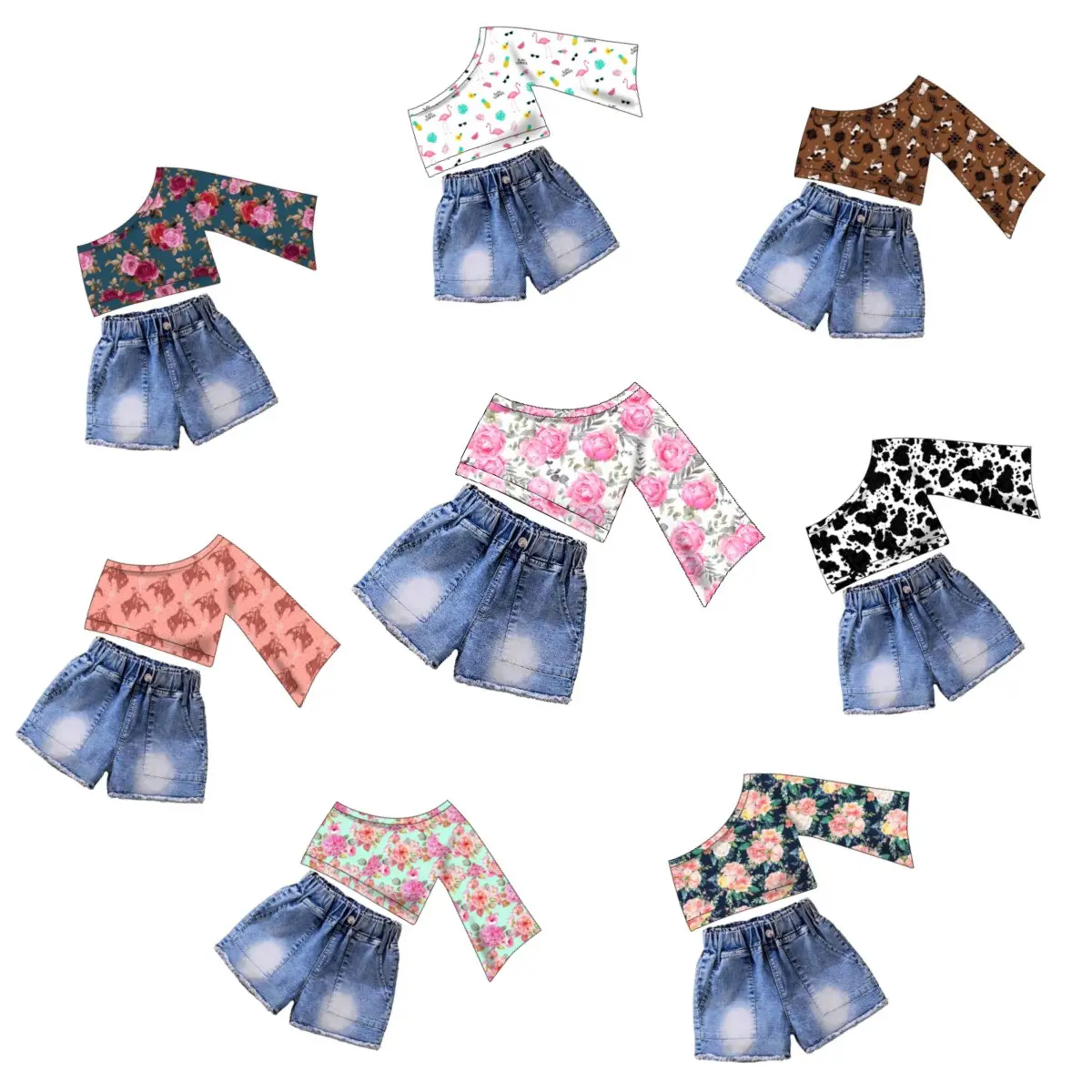 Yiwu yiyuan roupas infantis, conjunto de roupas personalizado para crianças, menina jeans, roupas de verão 2023