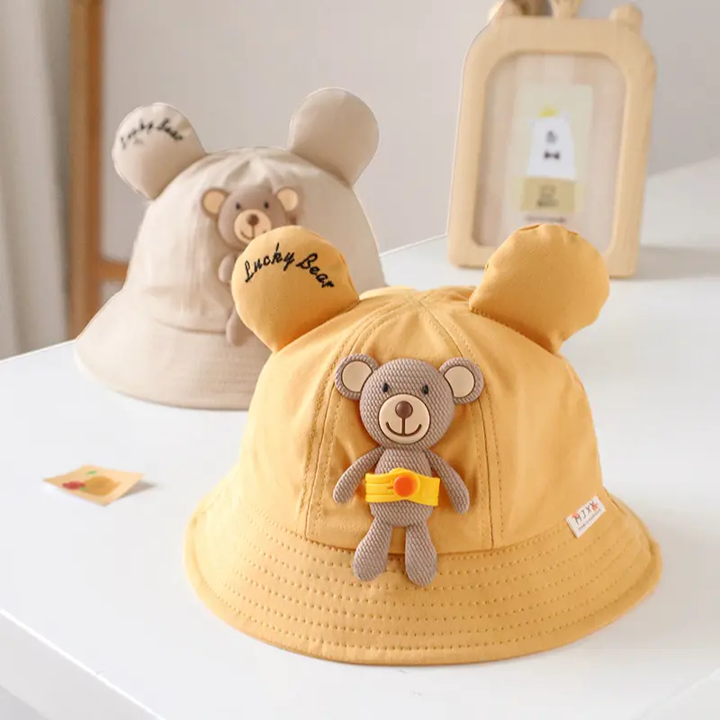 Sombrero de cubo para bebé, estilo fino de primavera y otoño, sombrero de pescador para bebé, sombrero de lavabo para sol de oso súper lindo
