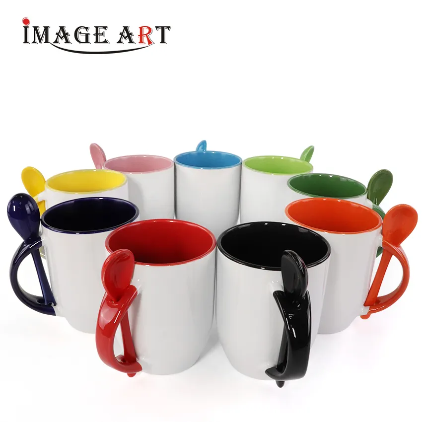 Customized Sublimation Ceramic Inner Color Mug with Spoon for Gift
