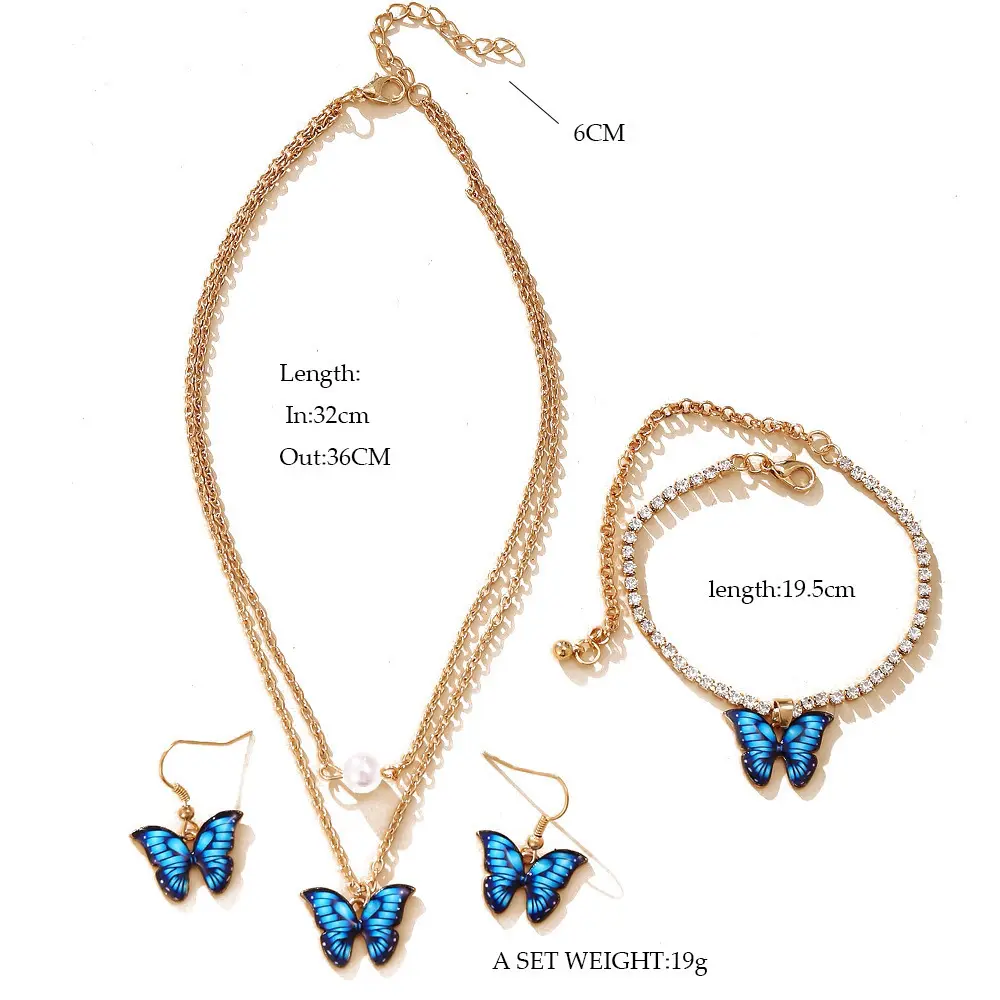 Conjunto de joyería con colgante de mariposa de 3 piezas para mujer, pendientes creados por diseñador, collar de perlas, pulsera de circón, bodas
