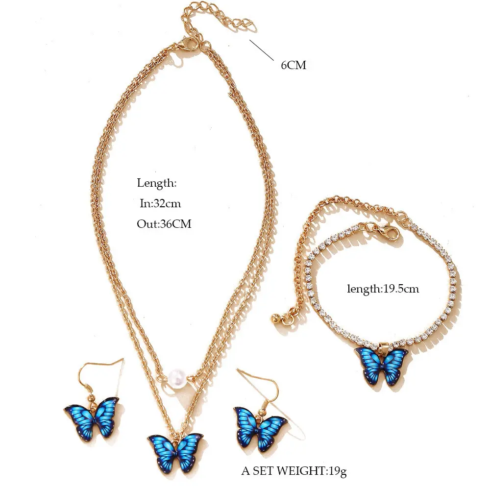 Hot Selling 3-delige Vlinder Hanger Sieraden Set Voor Vrouwen Designer Gemaakt Oorbellen Parel Ketting Zirkoon Armband Bruiloften