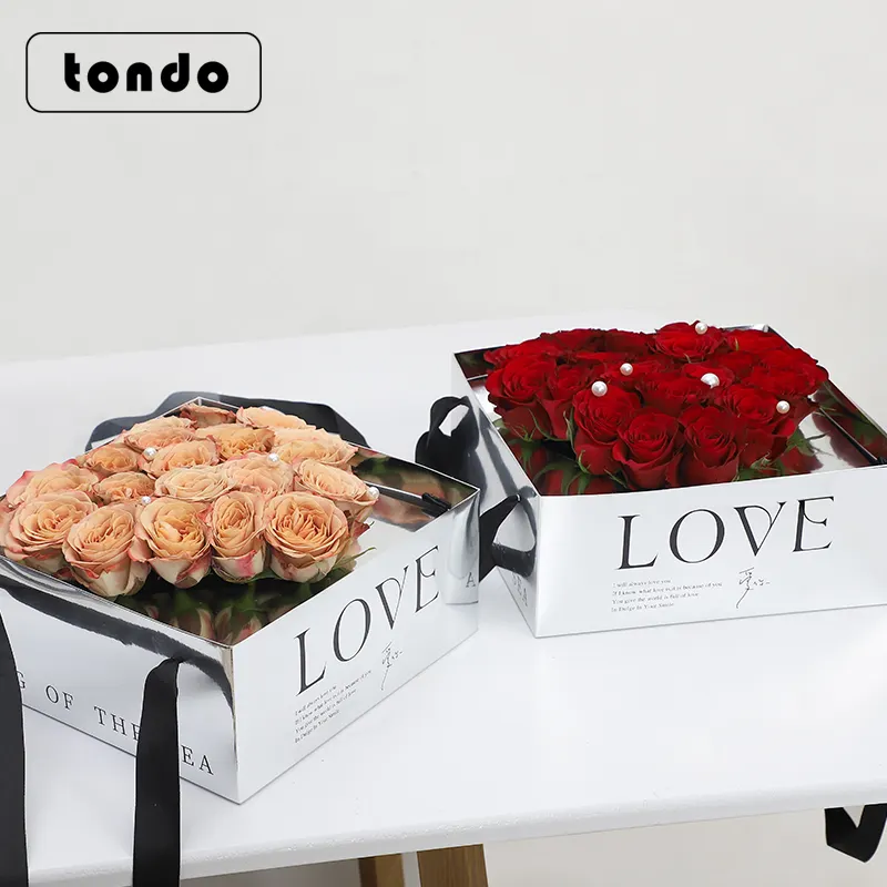 Tondo 2pcs/bag Folded Square Shaped Clear PVC Mirror flower Paper Love You Boxes With handle