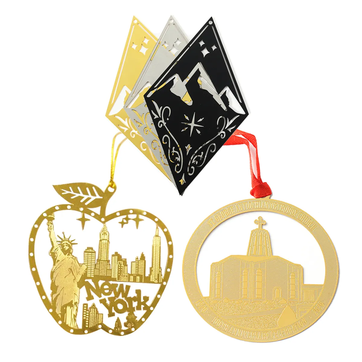 לוגו מותאם אישית זול מתנה מתכת עגול זהב פליז חג המולד קישוטי קישוט שטוח לתלייה